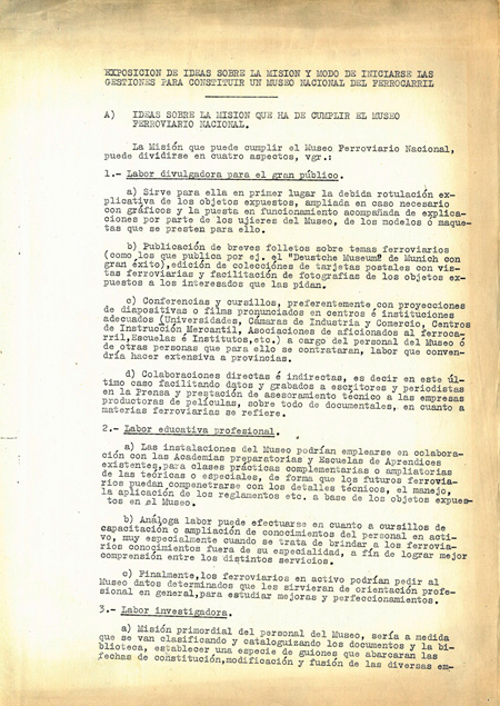 Exposici�n de ideas sobre la misi�n e inicio de gestiones para la constituci�n de un Museo Nacional Ferroviario