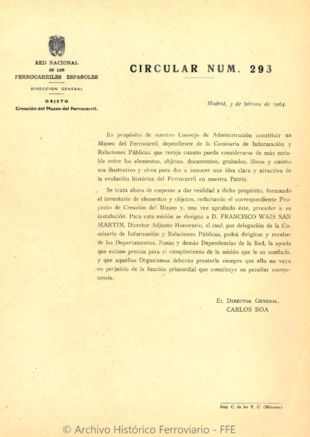 Circular num. 293 de la Direcci�n General de la Red Nacional de los Ferrocarriles Espa�oles