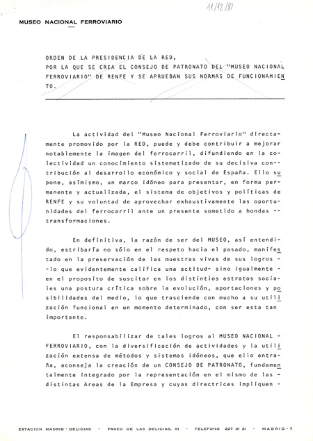Acuerdo de la Presidencia de RENFE sobre la constituci�n y funcionamiento del Consejo de Patronato del Museo Nacional Ferroviario