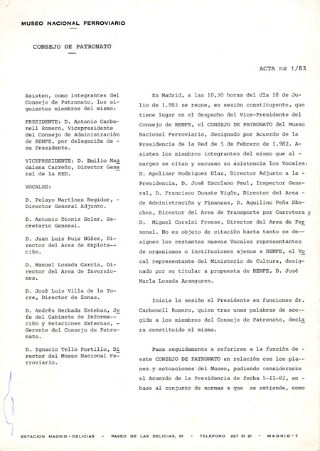 Acta n� 1 / 83 del Consejo de Patronato del Museo Nacional Ferroviario