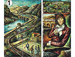 Ayer...y Hoy... / Viaje por RENFE. Jos� Est�banez (baldosa hidr�ulica pintada a mano, 1969) Medidas: 61 x 41 cm y 81 x 40 cm. Cesi�n: RENFE [Estaci�n Las Fraguas] - Piezas IG: 06000-06001