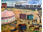 Circo en la estación. Antonio Torres López (Óleo sobre lienzo, 1980-1989) Medidas: 81 x 100 cm. Donación: Ana de Koning - Pieza IG: 03546 Circo en la estación. Antonio Torres López (Óleo sobre lienzo, 1980-1989) Medidas: 81 x 100 cm. Donación: Ana de Koning - Pieza IG: 03546