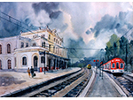 Estaci�n del ferrocarril de Sitges. Chus Bella (Acuarela sobre papel, 1995) Medidas: 60 x 77 cm. Donaci�n: la autora - Pieza IG: 01505