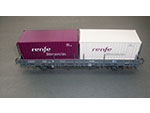 Modelo de vag�n plataforma tipo Ks con contenedores Renfe-Operadora (Electrotr�n, Madrid, ca. 2005). Escala H0. Medidas: 4,3 x 17 x 3,5 cm. Colecci�n “Juan Castellanos Mantec�n”. Donaci�n: David Castellanos Berzosa - Pieza IG: 06646